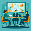 © cjsolanop - Three people are sitting around a table with a large monitor in front of them. They are all dressed in business attire and appear to be discussing something important