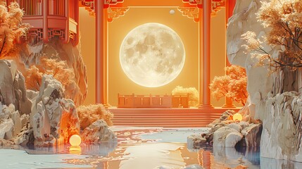 Wall Mural - Mid autumn festival traditional building and moon poster background