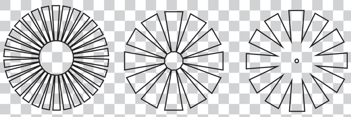 Wall Mural - Collection of simple black sunbursts isolated on transparent background – Set of minimalist radial frames and round ray patterns