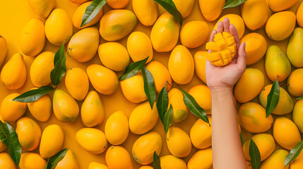 Canvas Print - hand holds mango and background is full pattern of mangoes