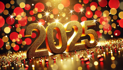 Wall Mural - A celebratory image featuring the year 2025 in gold with sparkling glitter against a background of red and gold bokeh lights