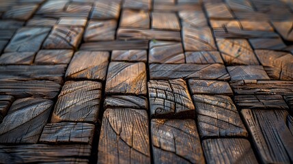 The wooden paver pattern on an old street, showcasing its unique texture and patterns. The image highlights the intricate details that make up each piece of wood in a bricklike arrangement.