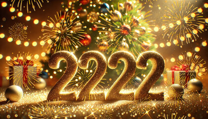 Wall Mural - A sparkling 2222 New Years Eve celebration with fireworks and a blurred Christmas tree in the background