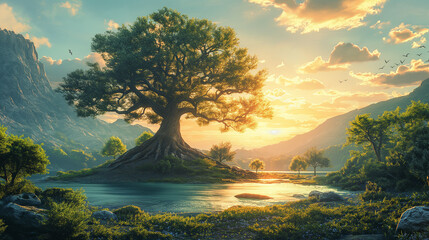 Wall Mural - The scenery of Eden, with a large tree of life and a green background in a simple stroke style.