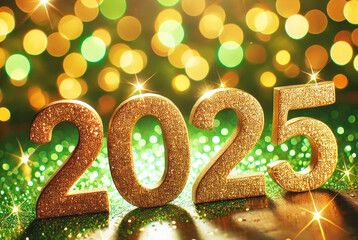 Wall Mural - New year 2025 written in gold glitter against a green and gold bokeh background