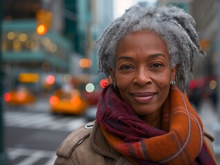 Wall Mural - Portrait of a beautiful senior African American woman with grey hair walking in the street, wearing business casual attire and smiling at the camera, City background.