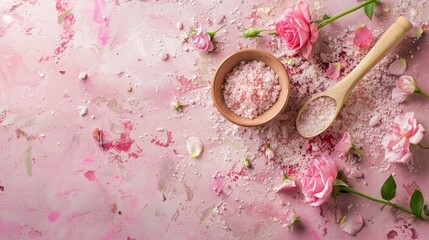 Wall Mural - Organic body sea salt with rose flowers and facial massager on pink marble backdrop for skincare Natural spa product