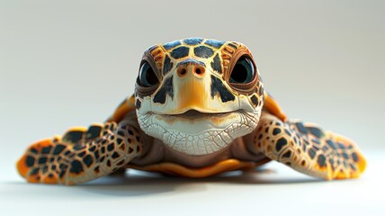 Close-up of a cute baby sea turtle with intricate shell patterns, against a white background, showcasing marine wildlife and nature's beauty.