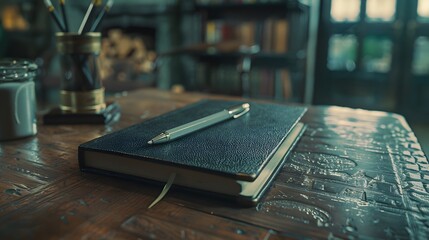 A pen and notebook on the table, closeup of desk background blurred. The focus is on an open black book with silver accents lying flat in front of it.