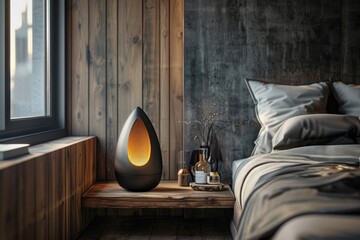 Wall Mural - A sleek, minimalist lamp with a matte black finish casting a warm glow on a rustic wooden side table, surrounded by plush bedding and soft pillows