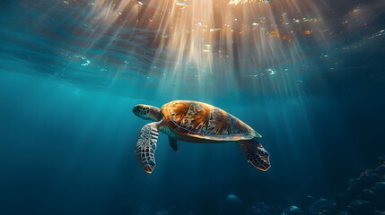 Wall Mural - A sea turtle swimming gracefully in the deep blue ocean, with sunlight filtering through the water creating beautiful light rays.