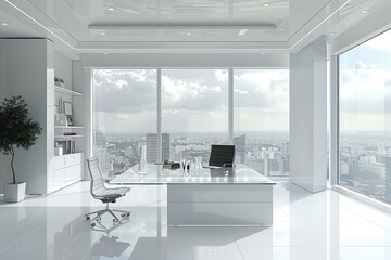 Wall Mural - A sleek, minimalist office interior with white walls, a glass desk, and ergonomic chair, featuring a large window with cityscape view.