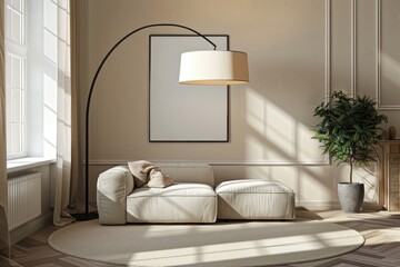 Wall Mural - A sleek, modern floor lamp with a curved arm and a large, minimalist shade, standing in the corner of a cozy living room with neutral tones