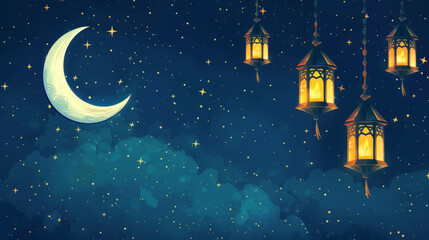 a golden crescent moon with intricate lanterns, floating in a dark background with twinkling stars. 