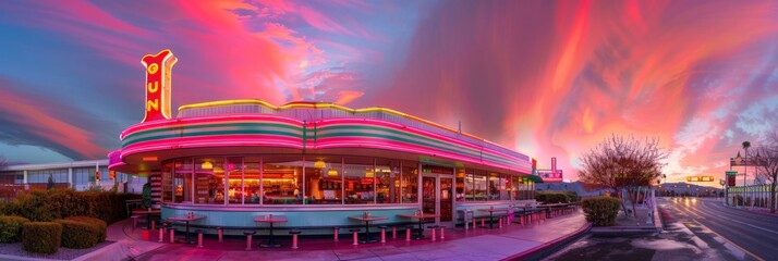 Wall Mural - A vintage city diner with vibrant neon signage glows under a colorful dusk sky. Outdoor tables offer a place to dine and enjoy the evening