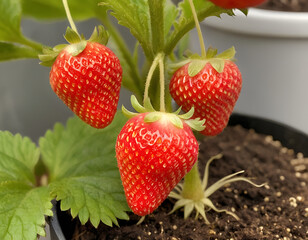 Wall Mural - strawberries in a garden, strawberries in a basket, strawberries on a table