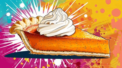 Wall Mural - thanksgiving dessert banner featuring pumpkin pie with whipped cream on a pop art background for a colorful touch