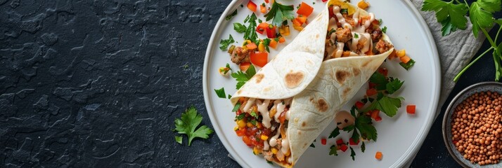 Poster - A perfectly wrapped burrito rests on a white plate, garnished with fresh parsley and diced red peppers. The burrito is arranged on a black background