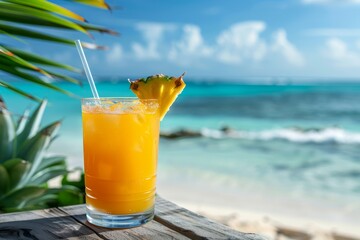 Wall Mural - A refreshing tropical cocktail with a straw and a slice of pineapple on a beach table