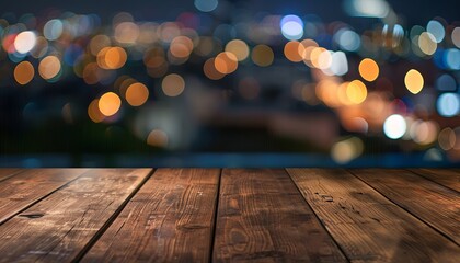 Wall Mural - Polished wooden table with softly blurred background of a modern rooftop bar: Night view, great for highlighting cocktails