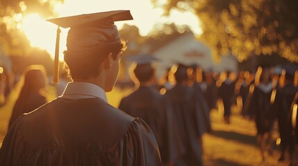 Wall Mural - Graduation ceremony, people wearing caps and gowns in sunlight with a blurred background of students walking away from the camera.