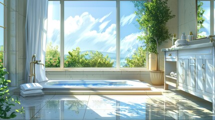 Wall Mural - A serene bathroom with a soaking tub, a large window, and elegant fixtures, spa-like atmosphere, illustration background