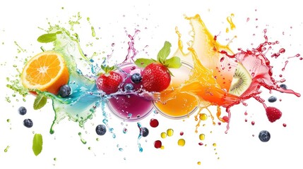 Wall Mural - burst of vibrant fruit juices in motion on white background generative ai