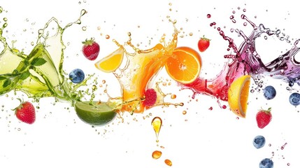 Wall Mural - vibrant splash of colorful fruit juices on white background capturing dynamic motion generative ai