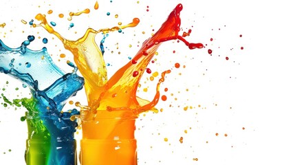 Wall Mural - fresh and vibrant: artistic splashes of colorful fruit juices in dynamic motion on white background 