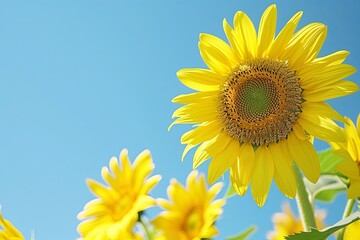 Wall Mural - Sunflowers under Blue Sky: Bright yellow petals against a clear blue sky, evoking summer warmth with space for text.