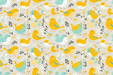 A playful seamless pattern featuring whimsical yellow and green birds, ideal for a lively and cheerful tile ornament perfect for children’s spaces and nature-inspired decor.