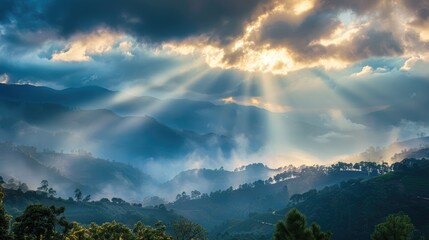 Poster - Sunlight shines through clouds over hilly valleys