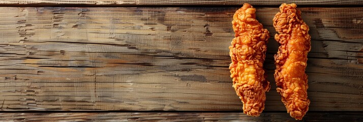 Wall Mural - Three crispy fried chicken tenders are arranged on a rustic wooden table. There is copy space to the right of the image