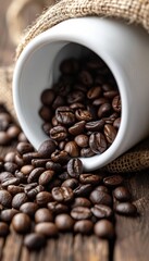 A white mug spilling roasted coffee beans onto a rustic wooden surface. The beans are scattered around the mug, creating a warm and inviting image.