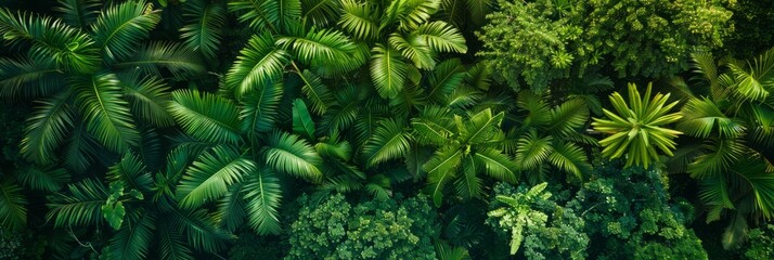 Wall Mural - A top-down view of a dense tropical forest canopy with lush green foliage and copy space on the right side of the image