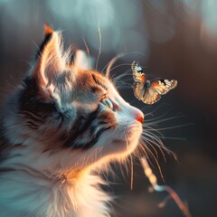 Wall Mural - A cat is looking at a butterfly