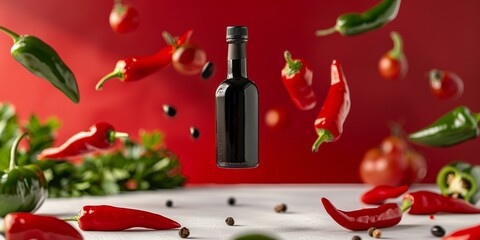 Wall Mural - a balsamic vinegar's bottle mid air floating in diagonal surrounded by sweet and red jalapeno floating around the bottle