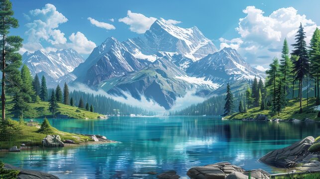 A serene mountain landscape with a clear blue lake and snow-capped peaks, illustration background