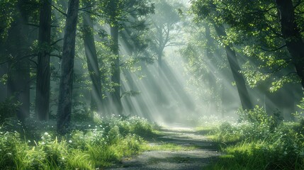 Wall Mural - A tranquil forest path with sunlight filtering through the trees and a soft mist, illustration background
