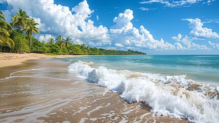 Wall Mural - Tropical sandy beach with advancing wave and blue sky
