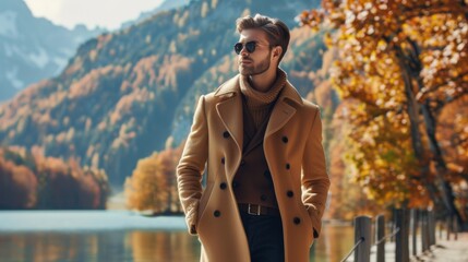 A man wearing a brown coat and sunglasses stands in front of a lake