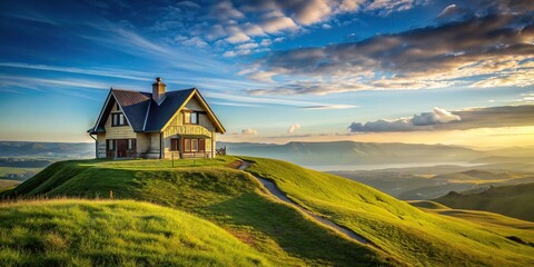 Wall Mural - House on top of a grassy hill overlooking a scenic landscape , hill, house, grass, scenic, landscape, countryside