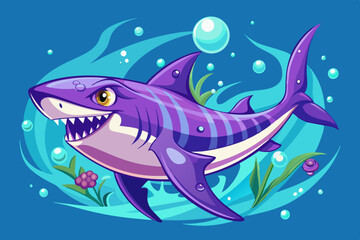 A purple shark with sharp teeth swimming in the ocean with bubbles in the background