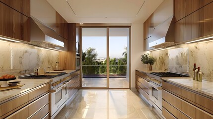 Wall Mural - A contemporary kitchen features sleek wood cabinetry, marble countertops, and a balcony door letting in natural light.