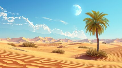 Wall Mural - A tranquil desert landscape with sand dunes, a clear blue sky, and a distant oasis, illustration background