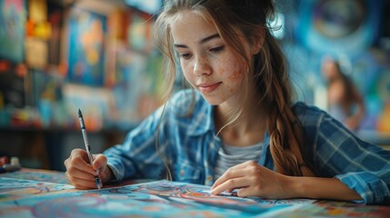 A girl drawing colorful illustrations, demonstrating the therapeutic nature of art as a form of self-expression and stress relief. Illustration, Minimalism,