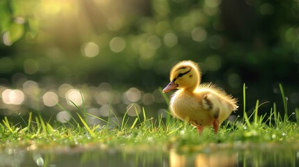 Wall Mural - A duckling is standing in a grassy field near a body of water