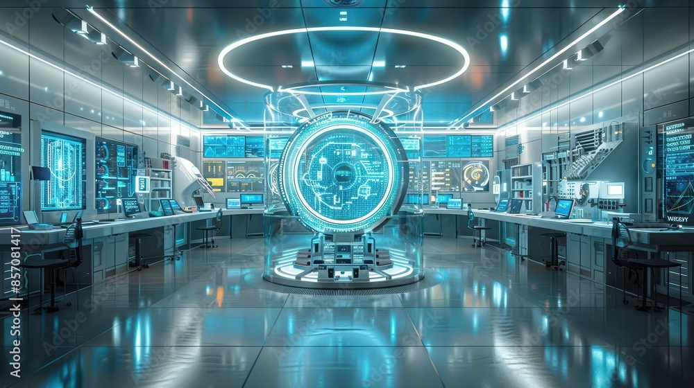 A futuristic laboratory with advanced technology and holographic ...
