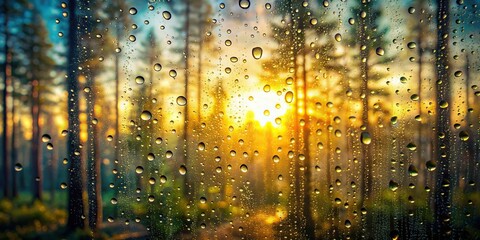 Wall Mural - Blurred forest landscape with raindrops on window, sunset light bokeh, Rain, drops, glass, window, misty, forest, landscape
