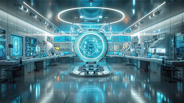 A futuristic laboratory with advanced technology and holographic displays, clean and sleek design, illustration background